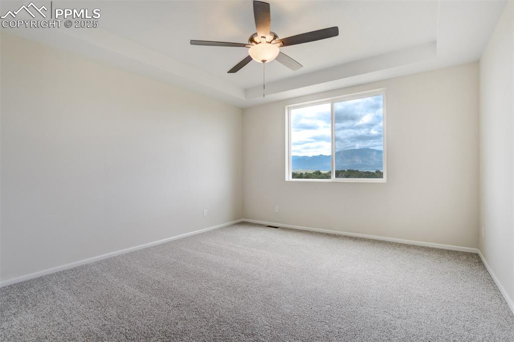 Image 20 of 44: Unfurnished room with carpet, a tray ceiling, and ceiling fan
