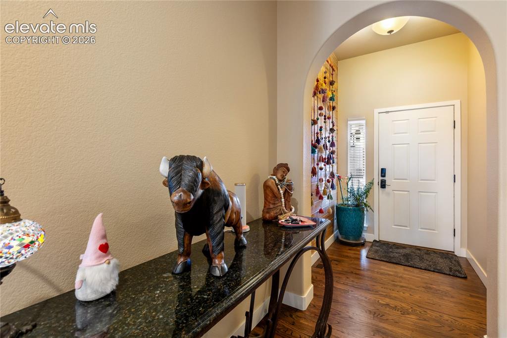 Image 2 of 29: Arched entryway leading to a paneled door, featuring wood-finish flooring,