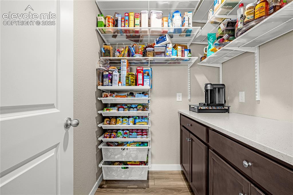 Image 4 of 30: Built-in pantry shelving system with integrated wire drawers, dark wood-fin