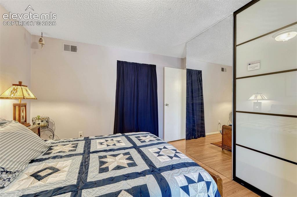 Image 21 of 35: Bedroom featuring light-colored walls, wood-finish flooring, and a mirrored