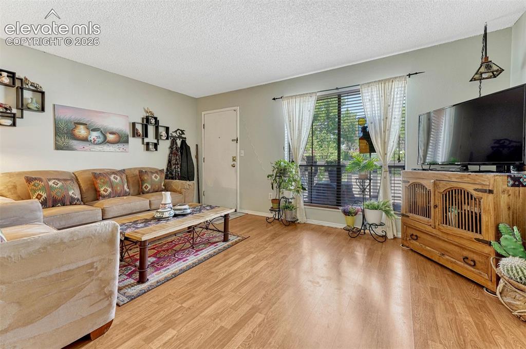 Image 6 of 35: Spacious living area featuring wood-finish flooring, a large window with ho