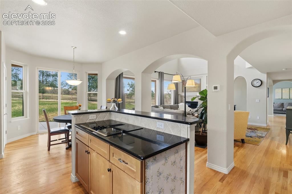 Image 14 of 47: Kitchen island with black granite countertop, integrated cooktop, and light