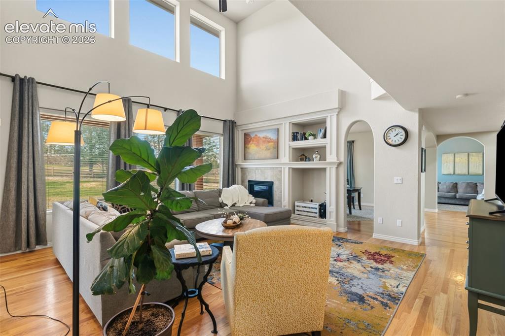 Image 17 of 47: Vaulted living room with expansive windows, a built-in fireplace feature, a