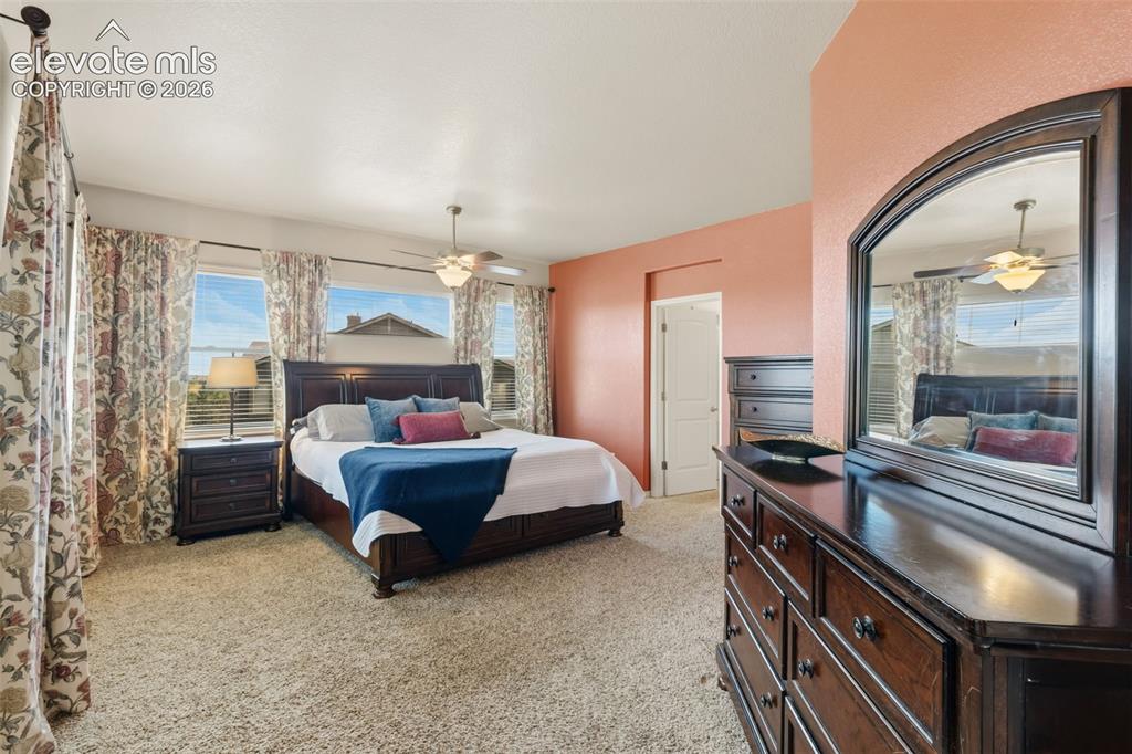 Image 21 of 47: Carpeted bedroom featuring a ceiling fan, multiple windows with blinds, and