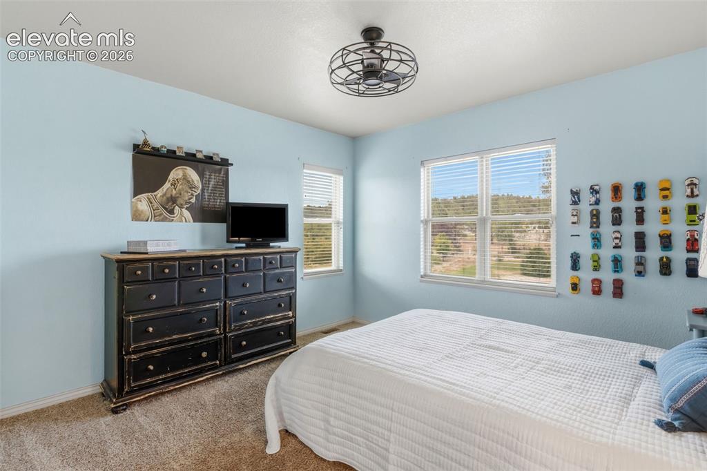 Image 30 of 47: Bedroom featuring two windows with horizontal blinds, overhead ceiling fan 