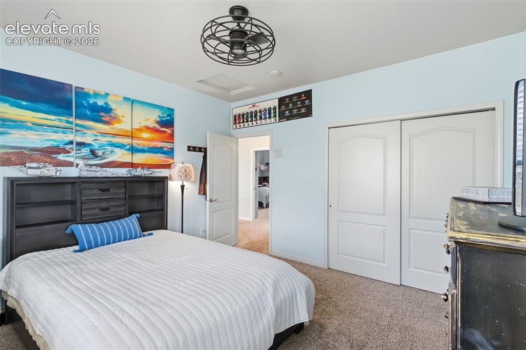Image 31 of 47: Carpeted bedroom featuring light blue walls, a ceiling-mounted fan fixture,
