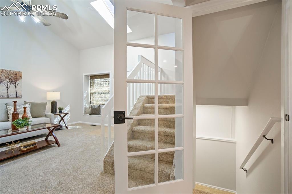 Image 29 of 50: Doorway to the basement level with glass for extra light.