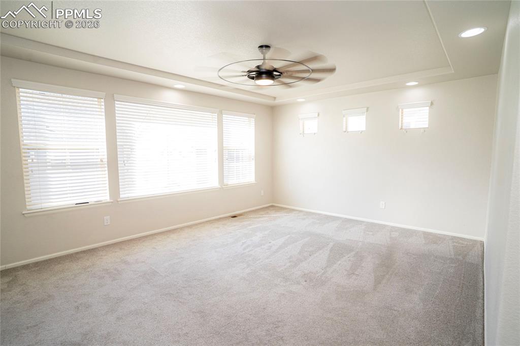 Image 17 of 49: Ceiling fan and electric fireplace with remote