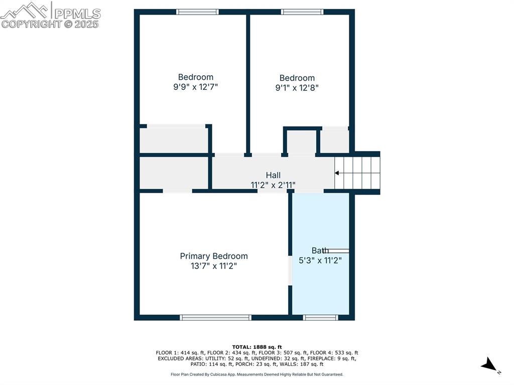 Image 46 of 49: Upper level floor plan with dimensions