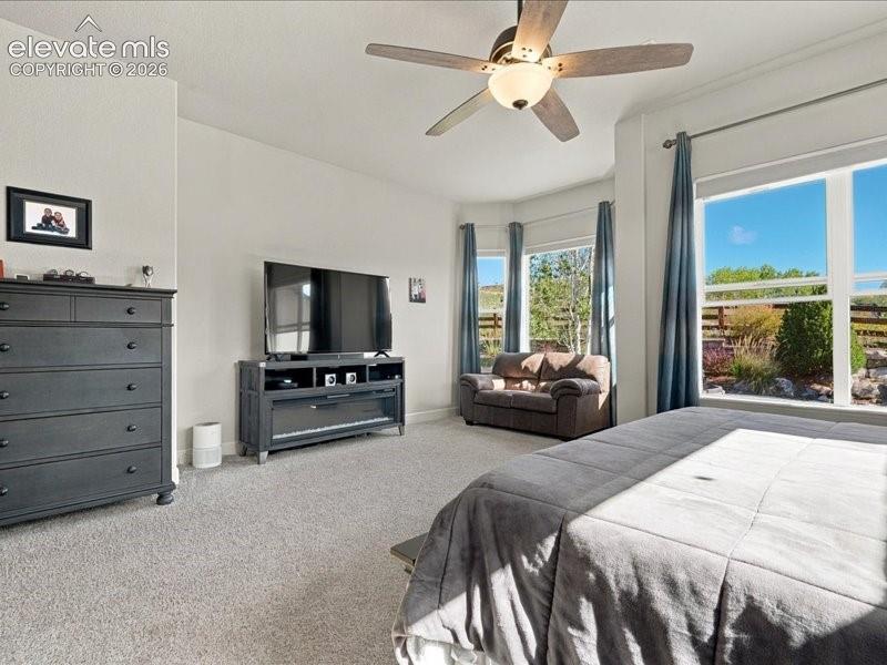 Image 26 of 50: Bay window offering natural light, ceiling fan with integrated lighting, re