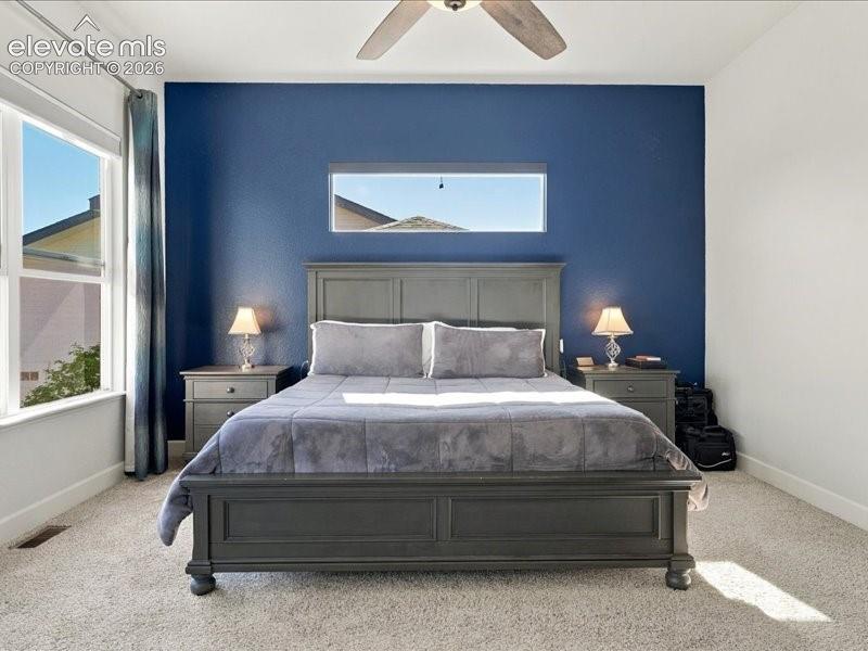 Image 6 of 50: Textured accent wall, ceiling fan, and carpeted flooring