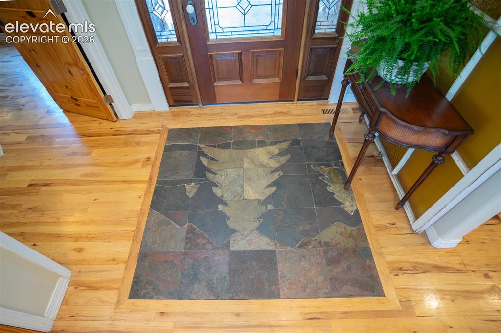 Image 5 of 50: A beautiful mountain design made of tile covers the entry floor