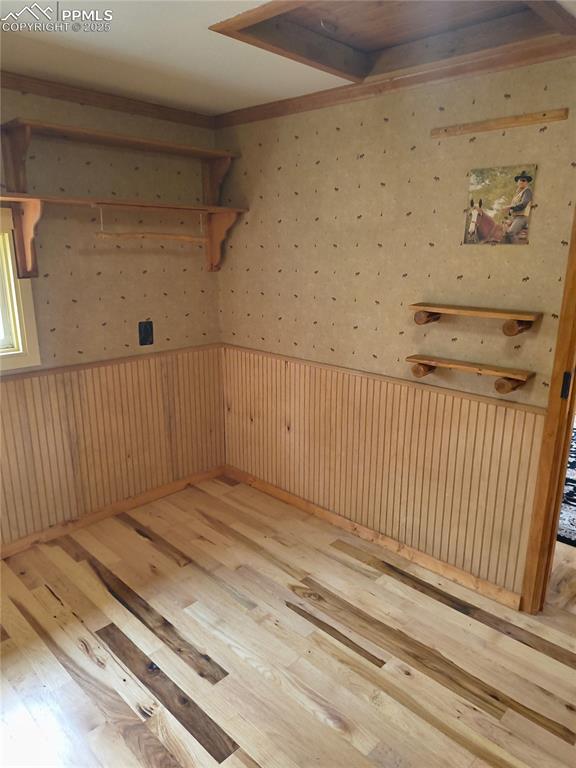 Image 23 of 27: Spare room with light wood-type flooring, a wainscoted wall, wood walls, or
