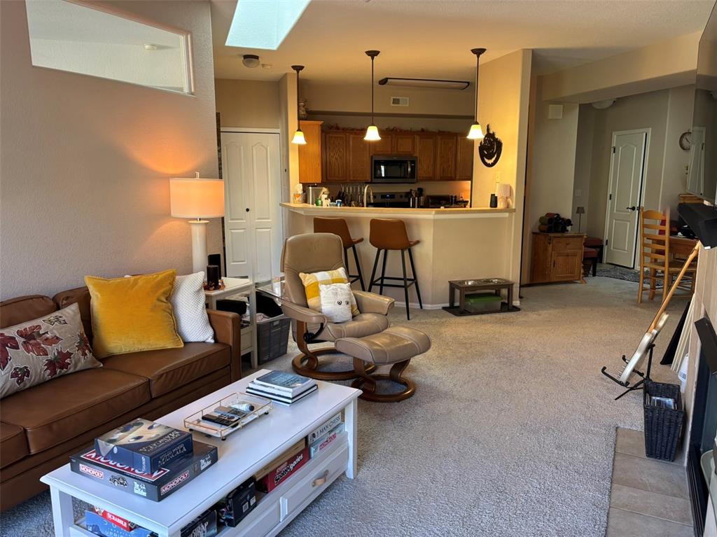Image 18 of 24: Living area featuring a skylight and light colored carpet
