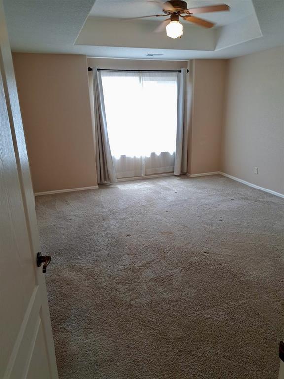 Image 20 of 24: Spare room with a raised ceiling, ceiling fan, and light colored carpet