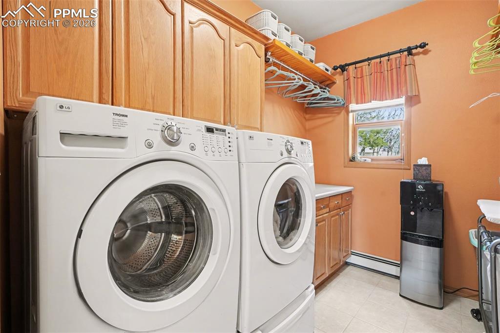 Image 24 of 39: The laundry room has plenty of space for a full size washer and dryer and c