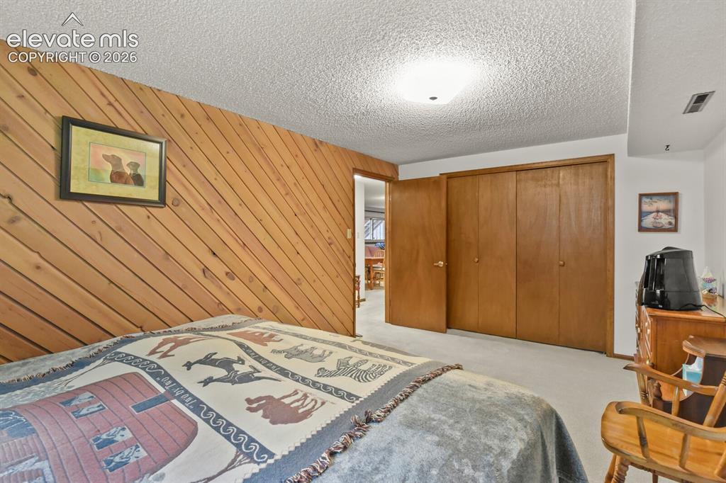 Image 33 of 50: Slanted wood panel accent wall, neutral carpeting, and a built-in closet wi