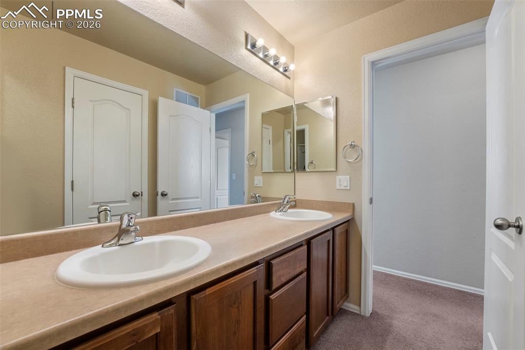 Image 31 of 39: Bathroom with double vanity, dark carpet, and a textured wall