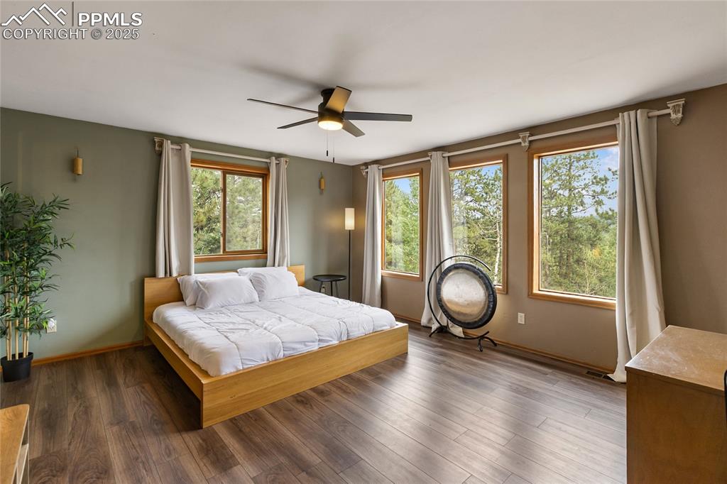 Image 19 of 50: Primary bedroom has so much natural light and looks out to the views.