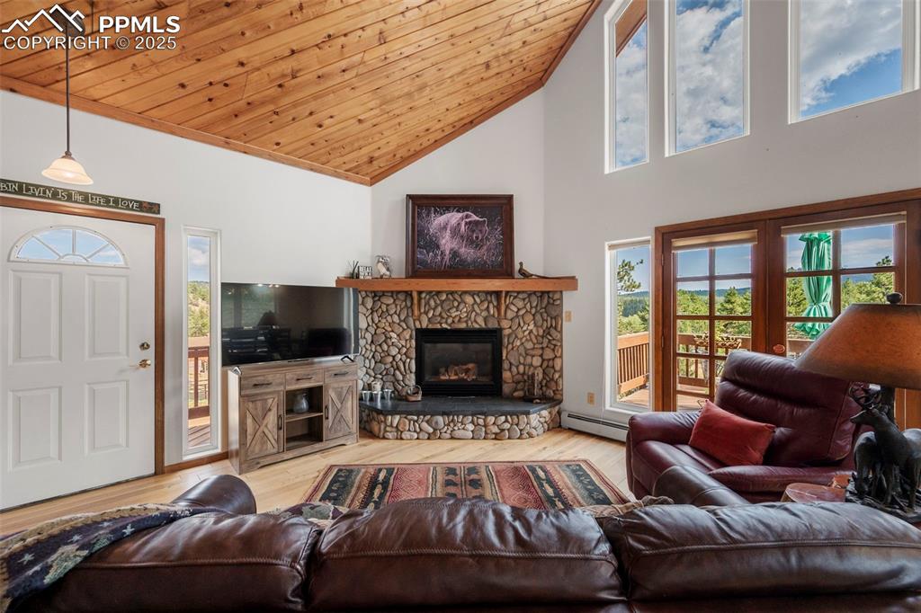 Image 6 of 38: Living room featuring high vaulted ceiling, wood finished floors, wood ceil