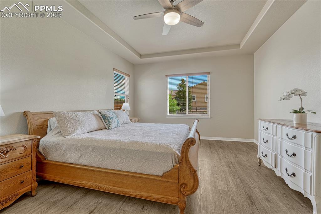 Image 4 of 47: Bedroom with a raised ceiling, light wood-type flooring, a ceiling fan, and
