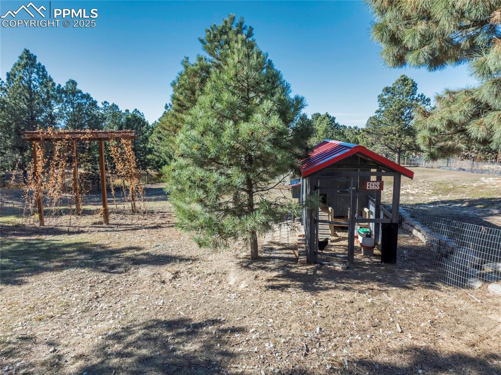 Image 15 of 50: Chicken coop and chicken area, with Hopps vine and garden area.