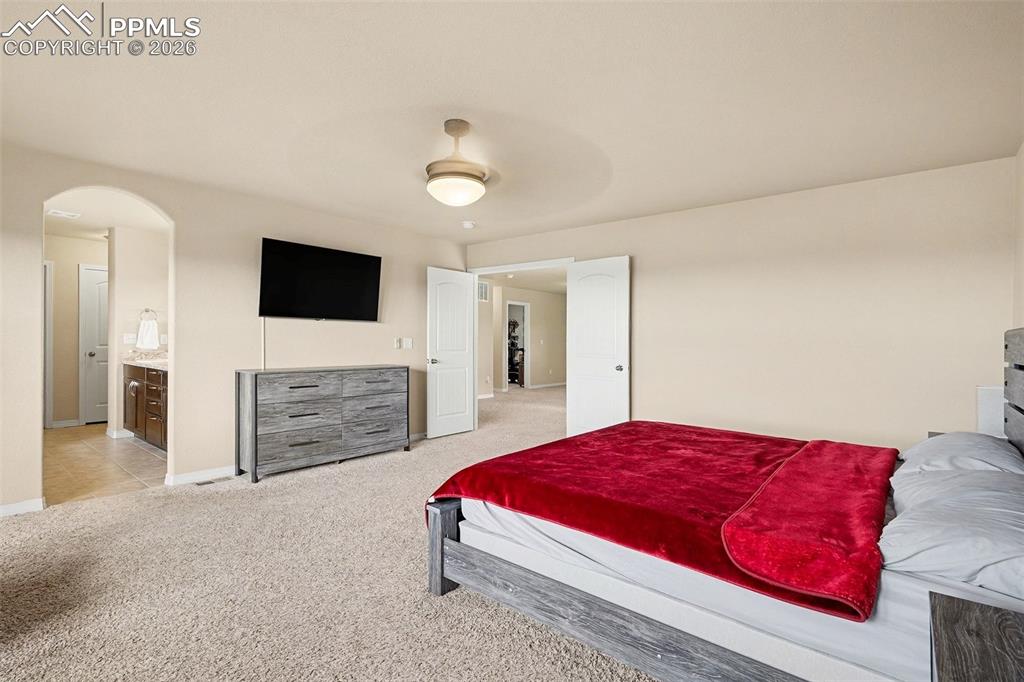 Image 14 of 40: Carpeted bedroom with neutral wall tones and a ceiling-mounted light fixtur