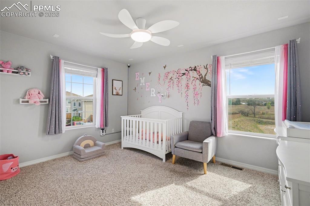 Image 18 of 40: Spacious room featuring light gray walls and plush carpet flooring