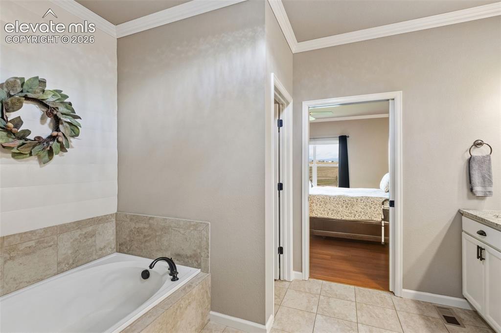 Image 18 of 40: Main Level 5 piece bath with fandalier