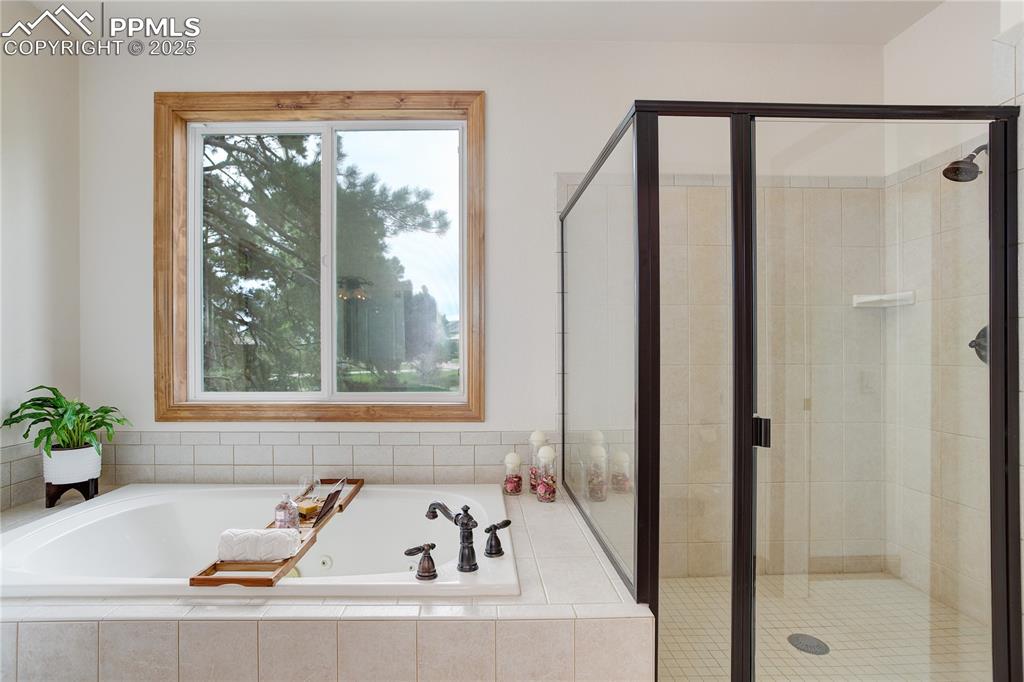 Image 16 of 41: Jetted tub & standing shower