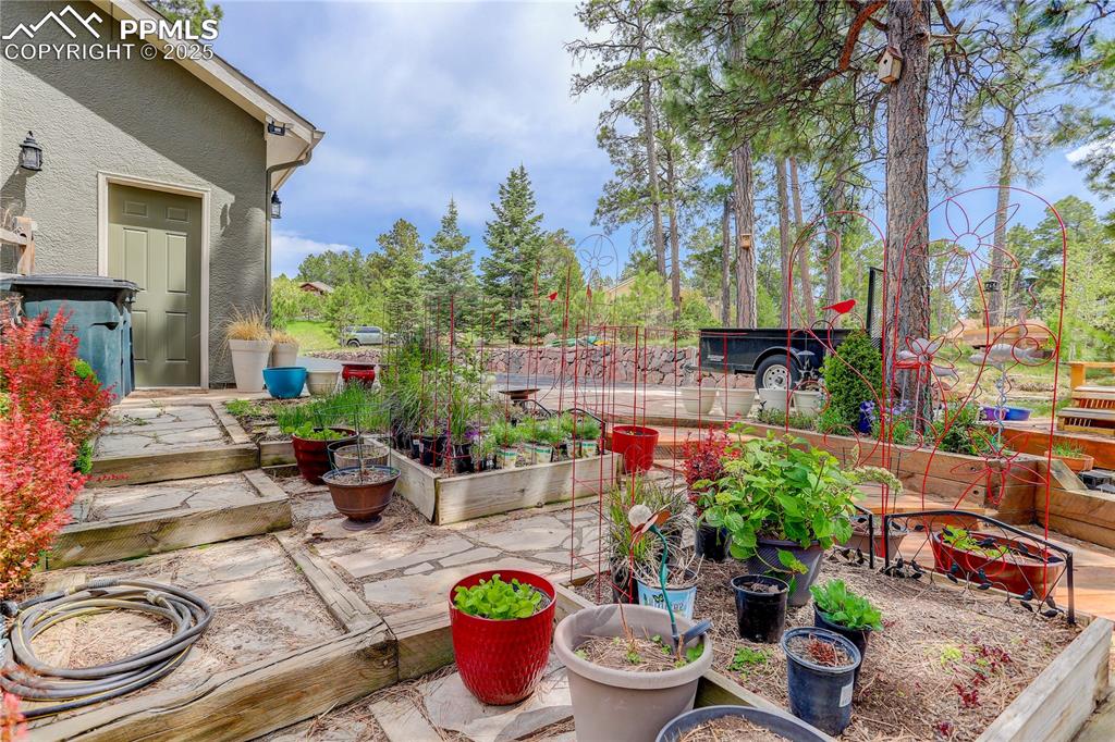 Image 32 of 41: Landscaped side yard w/ raised garden beds