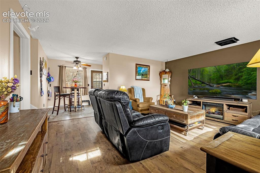 Image 6 of 30: Wood-finish flooring, textured ceiling, and built-in electric fireplace con