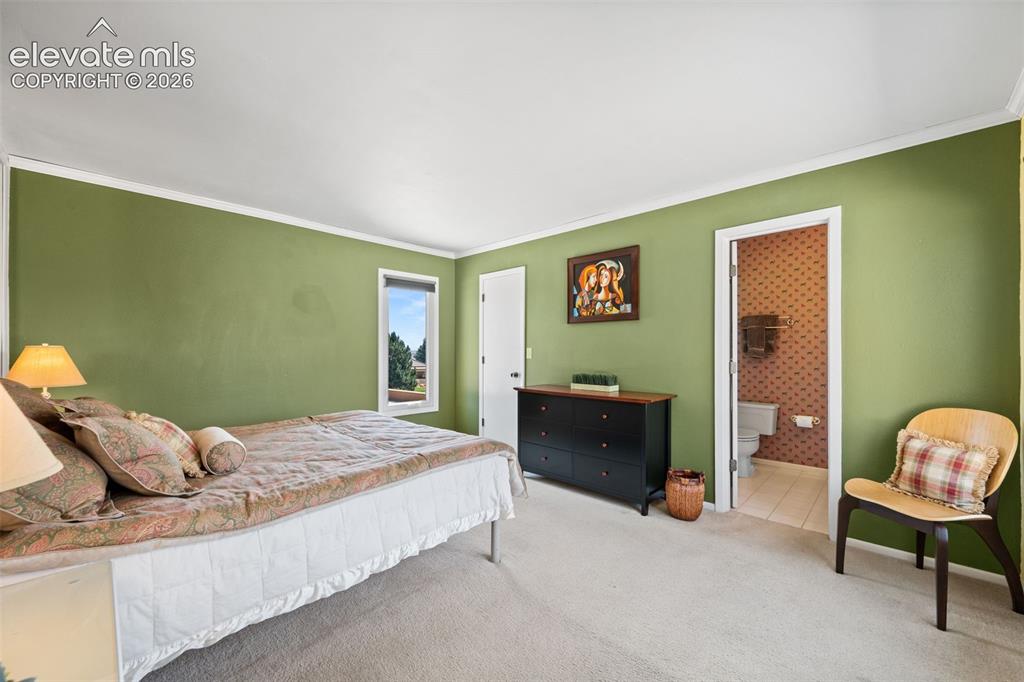 Image 27 of 48: Carpeted bedroom featuring green walls, white crown molding, and a built-in