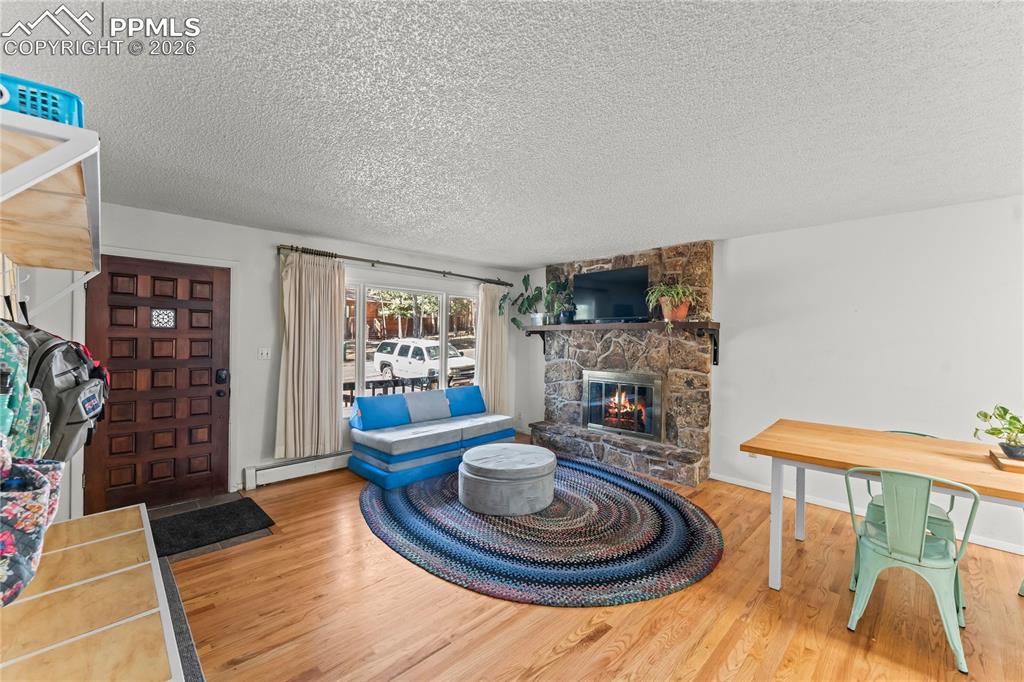 Image 5 of 47: Living space featuring natural wood-finish flooring, a stone-clad fireplace