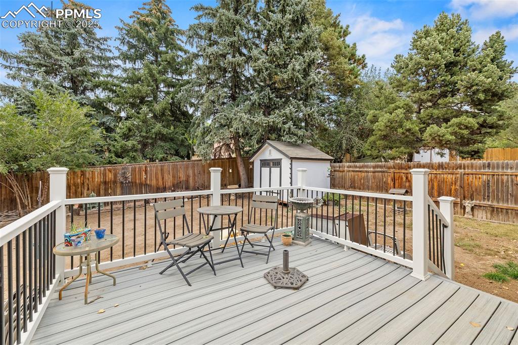 Image 42 of 50: Wooden deck featuring a shed and a fenced backyard