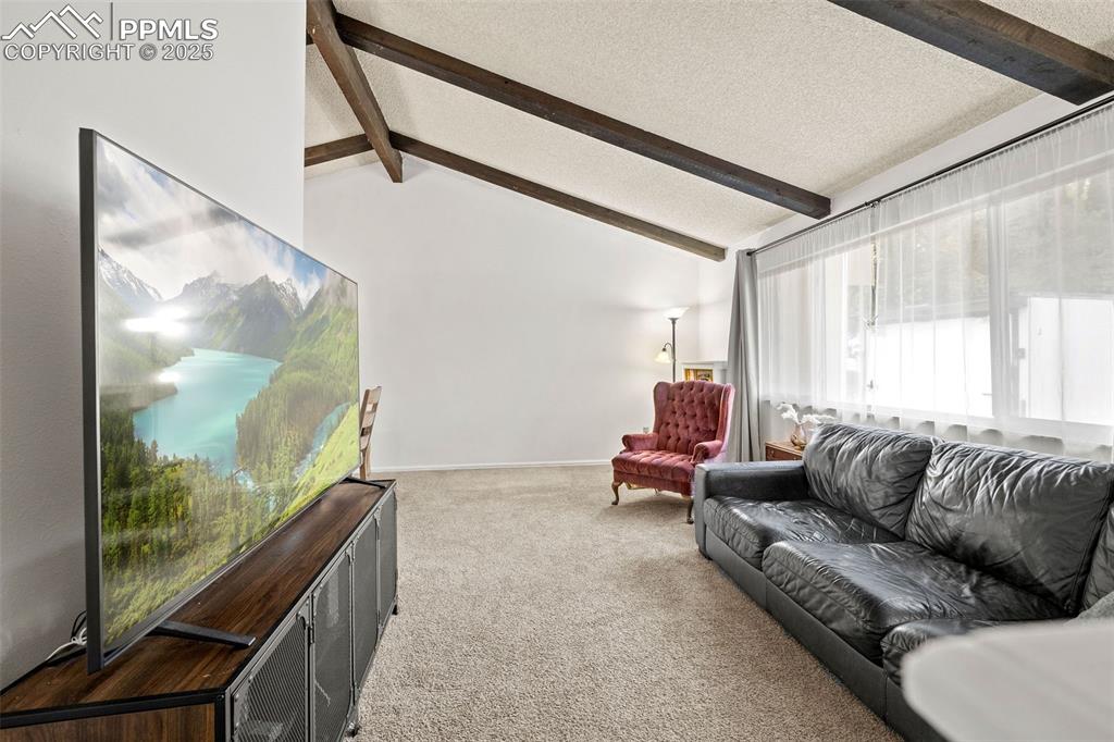 Image 9 of 50: Carpeted living area with a textured ceiling and baseboards