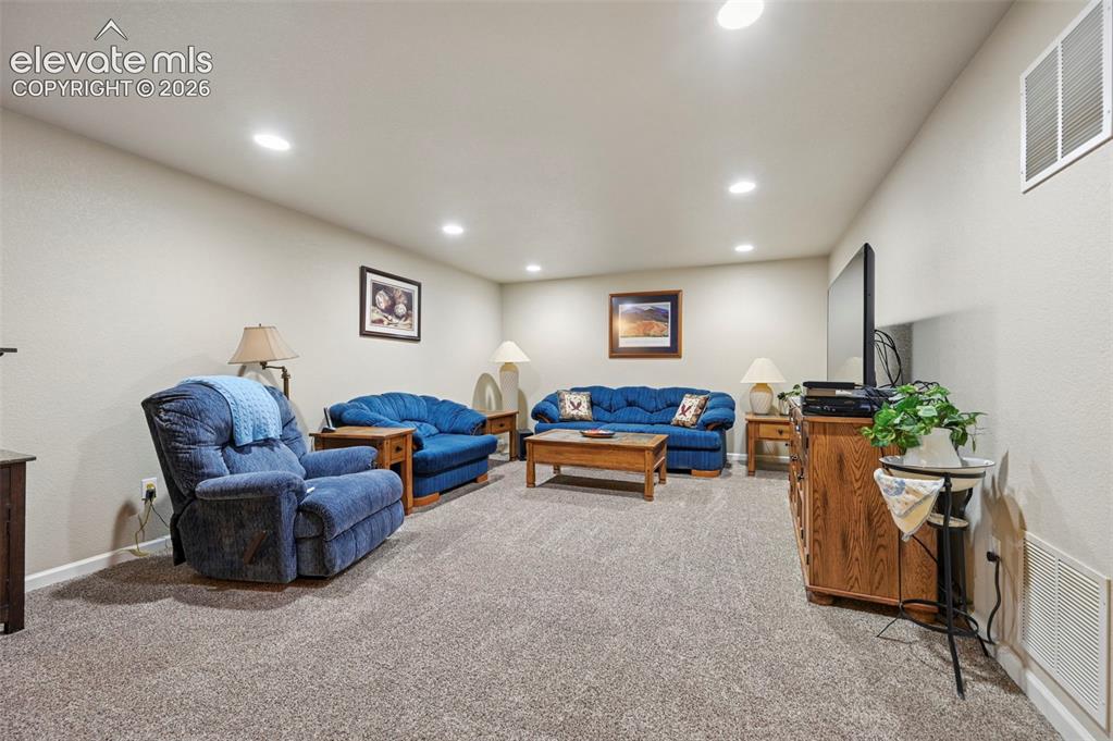 Image 25 of 38: Spacious Family Room featuring neutral carpeting, light-toned wall paint, a
