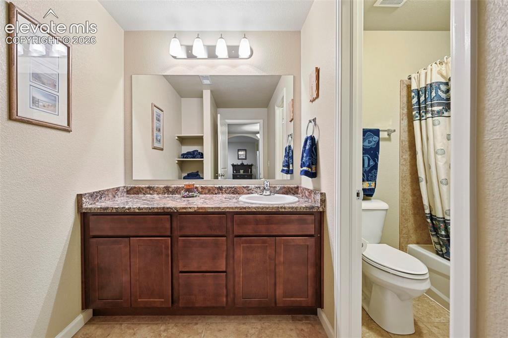 Image 32 of 38: Basement Bathroom with wood-finish cabinetry and a single-basin sink