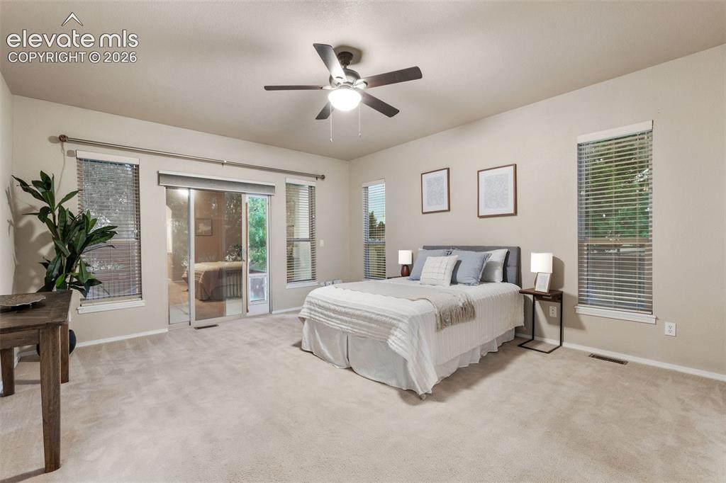Image 16 of 50: Spacious room featuring neutral carpeting, a ceiling fan, multiple windows 