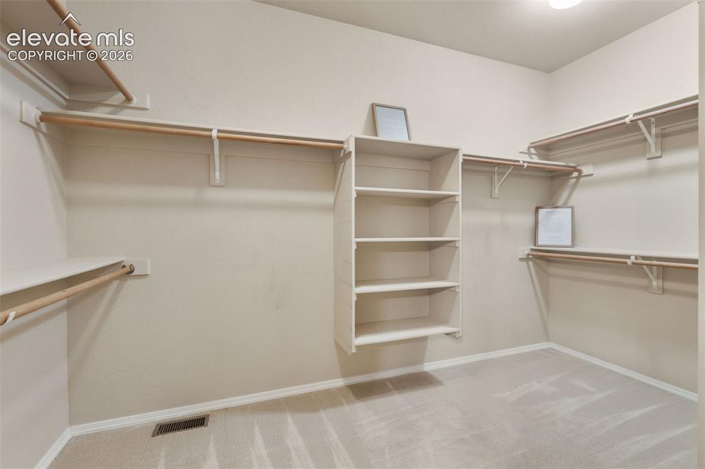 Image 21 of 50: Walk-in closet with carpet flooring, built-in shelving, and multiple hangin