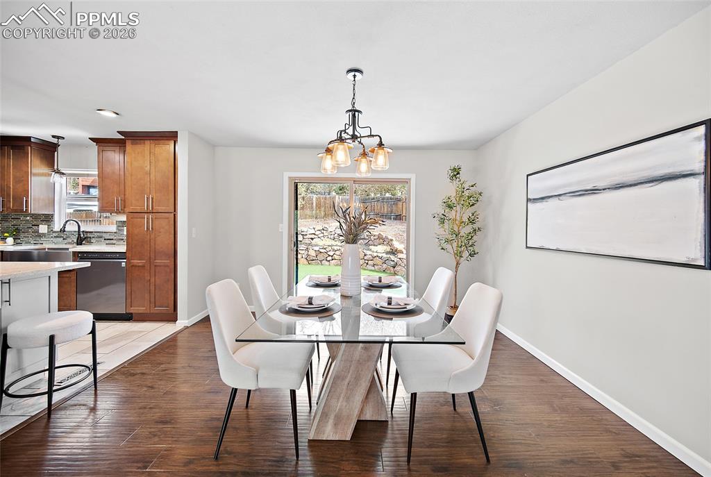 Image 10 of 38: Dining area featuring light wood finished floors and suspended lighting
