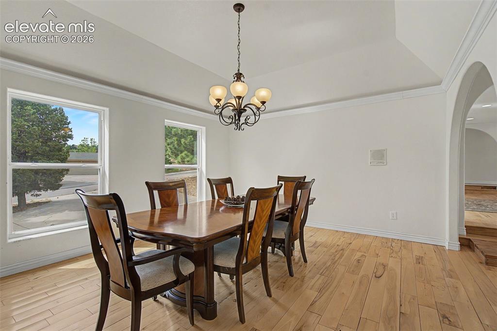 Image 10 of 50: Formal dining room with tray ceiling and abundant natural light