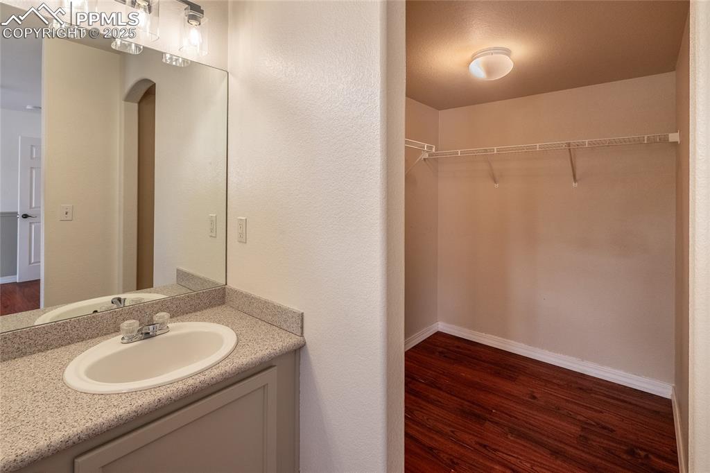 Image 17 of 47: Bathroom featuring dark wood finished floors, vanity, and a walk in closet