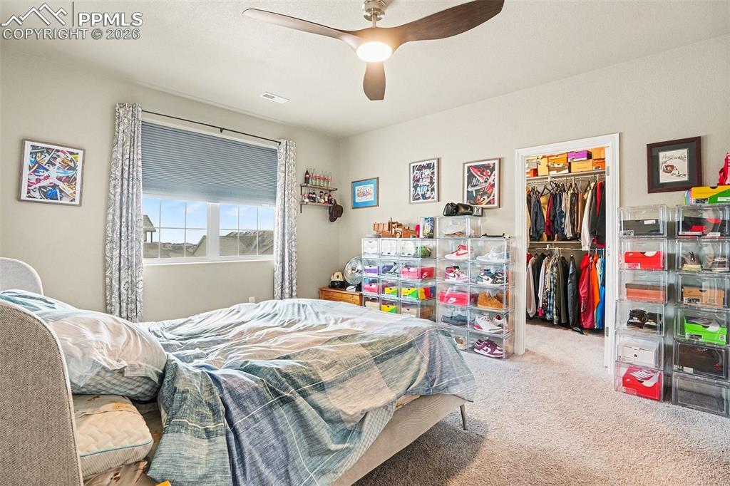 Image 19 of 35: Bedroom featuring a spacious closet, carpet flooring, and ceiling fan