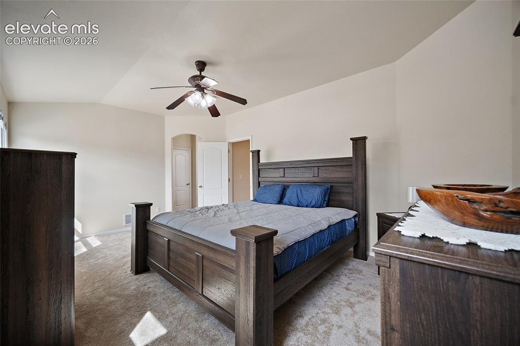 Image 13 of 41: Alternate view of the primary bedroom highlighting the vaulted ceiling, spa