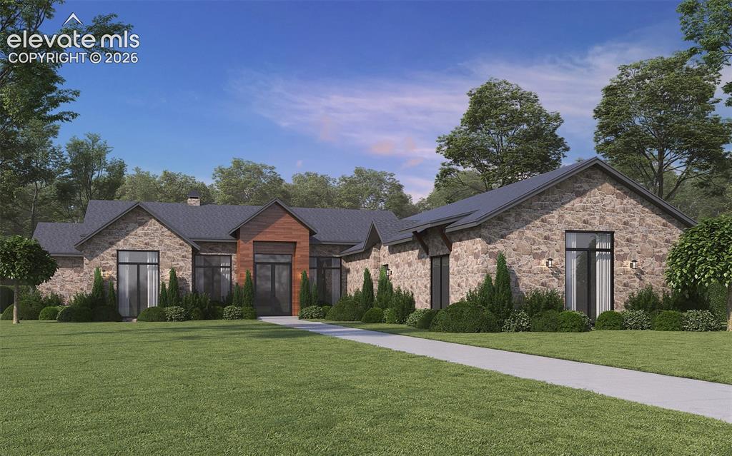 Image 2 of 2: Stone veneer exterior with a wood-clad entry, dark framed windows, and a sh