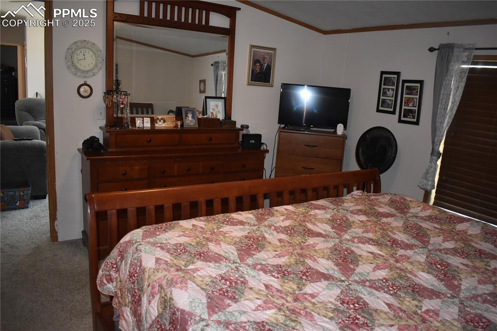 Image 19 of 47: Bedroom with ornamental molding and carpet flooring