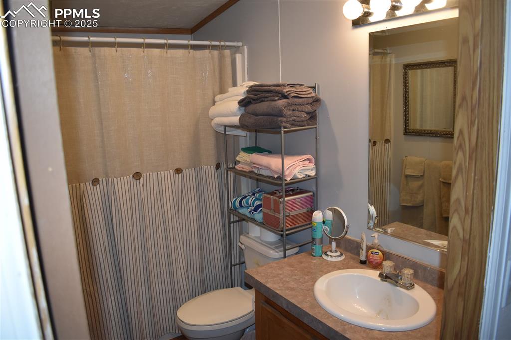 Image 31 of 47: Full bathroom with vanity and a shower with shower curtain