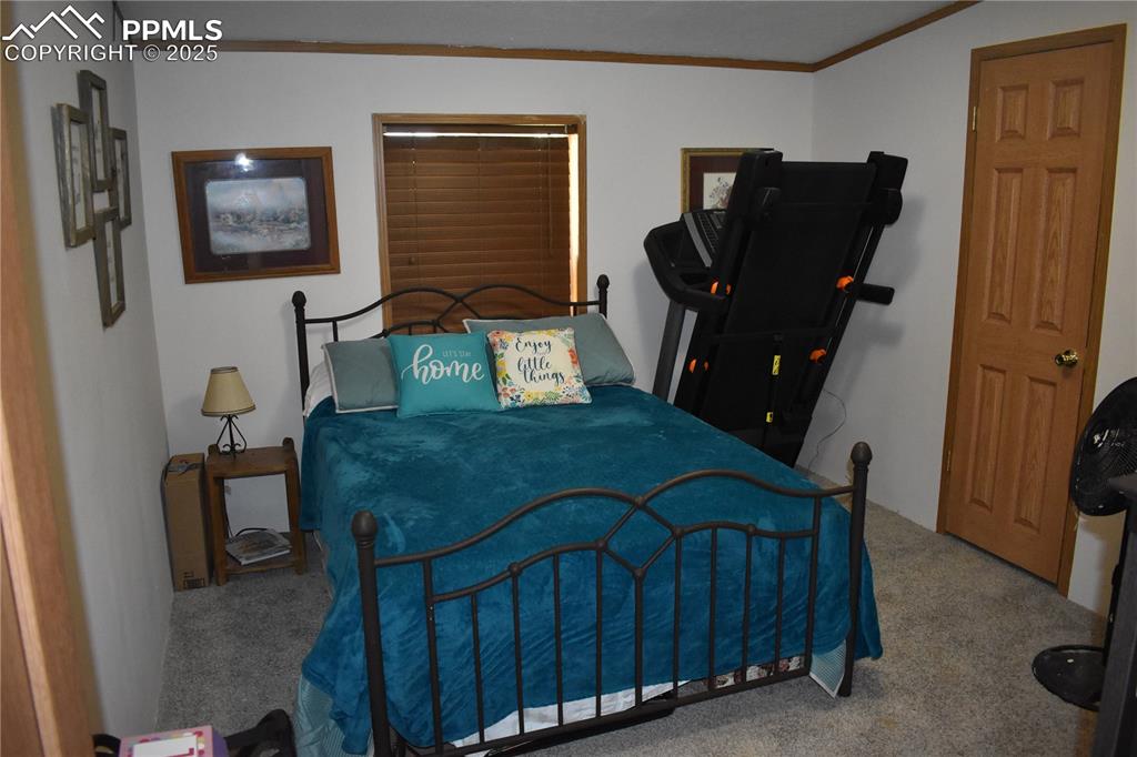 Image 33 of 47: Carpeted bedroom featuring crown molding