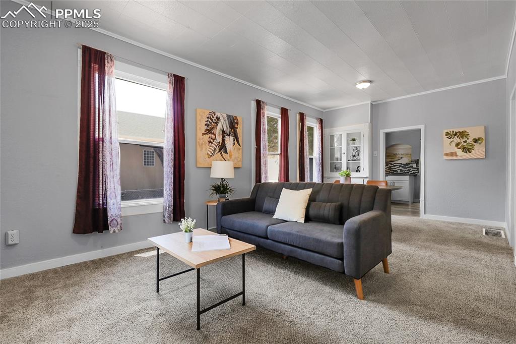 Image 5 of 29: Carpeted living room with crown molding and baseboards
